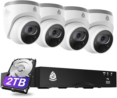 Akinguar 4K Kit Caméra Surveillance PoE, 8CH 2To NVR et Caméra IP PoE 4X 8MP, Détection de Personne/Véhicule, 30 Mètres Vision Nocturne, Enregistrement 24/7, Audio Bidirectionnel, IP66