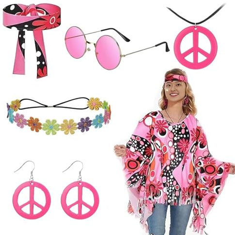 Efymosce Hippie Kostüm Damen, 60 er 70er Jahre Hippie Kleidung, Disco Outfit Hippie Accessoires für Fasching Karneval Disco Party Cosplay Mottoparty