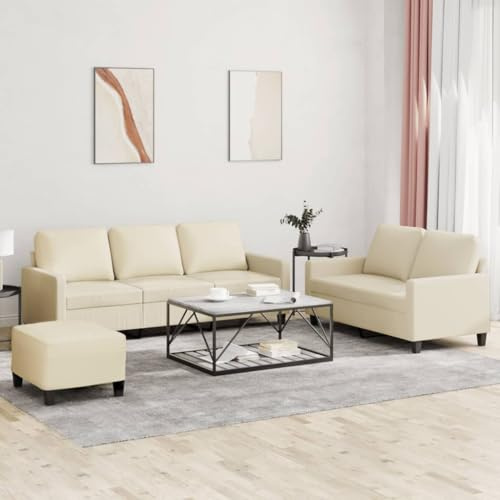 Runheo 3-TLG. Sofagarnitur, Creme Kunstleder, Robustes Wohnzimmer Set mit Fußhocker, Bequeme Polsterung, Langlebige Möbel für Zuhause