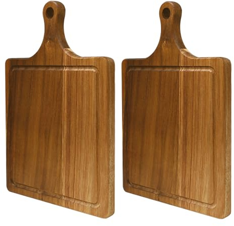 Sixfolo 2 Piezas Tabla de Cortar Madera Acacia Tabla de Servir Madera con Mango Pequeña Tablero Cortar Cocina con Ranura de Jugo para Carne,Pizza,Queso,Pan,Verduras(29x20x1.5cm)