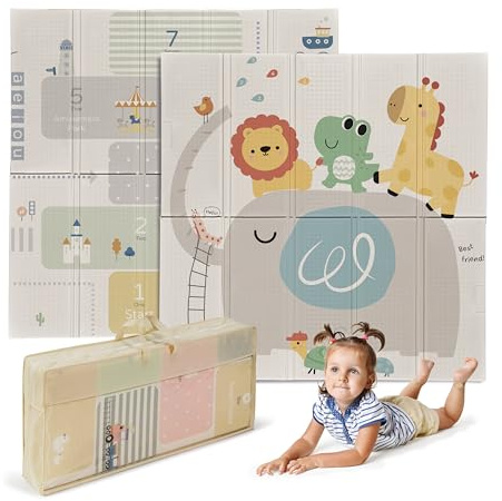 ms babyworld trendy - tappeto gioco per bambini - disponibile in 3 dimensioni a scelta - double-face, tappeto molto imbottito (1 cm) - con borsa per il trasporto. (León/Arcoíris, 120 * 120)