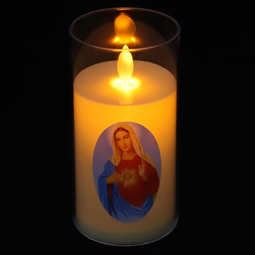 WOFASHPURET LED Kerze mit Maria Motiv Flackernde Rauchfreie Kunststoffkerze für Katholische Gebetsanlässe und Kirchen Dekoration in Verschiedenen Farben Zufällige Farbe