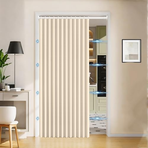 Magnetic door curtains, foldable pleated curtains, suitable for bedrooms, room partitions, and living rooms-beige-W70xH180cm