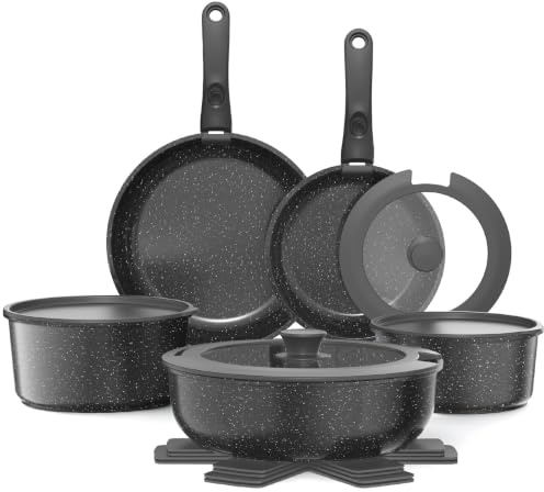 YASHE Batería de cocina 15 piezas, inducción, atóxica, sin PTFE ni PFAS | Aluminio antiadherente con dos mangos extraíbles; apta para horno y apilable para ahorrar espacio