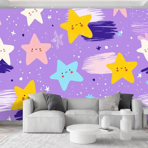 Fotomurales Tejido No Tejido 200 x 140 cm - Papel Pintado Fotográfico Lindo Sencillo Estrella Lunares Murales Morado Póster para Niños Juvenil Salón Dormitorio Decoración Del Hogar