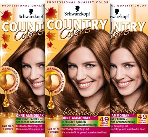 Country Colors Intensiv-Tönung 49 Cognac Haselnuss (3 x 123ml), Stufe 2, temporäre Haarfarbe für intensive Ergebnisse, Coloration hält bis zu 8 Wochen, ohne Ammoniak