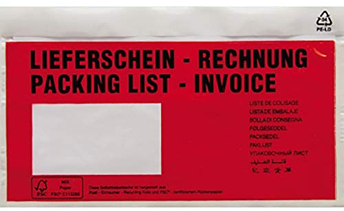 Dokumententasche DIN lang Rot Lieferschein-Rechnung, mehrsprachig mit Selbstklebung 250 St./Pack. 25