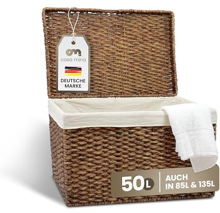 Casa Mina® Wäschetruhe mit Deckel 50 x 30 x 36cm hoch I Atmungsaktiver Aufbewahrungskorb geflochten aus 100% Naturfaser I Robuster Wäschesammler mit Griffen & waschbarem Innensack I Truhe - Bali