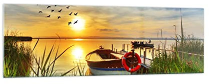 Panorama Bilder auf Glas 160x50cm Glasbild Boot See Sonnenuntergang Sommer Menschen Groß XXL Wanddeko Schlafzimmer Küche Wandbilder Dekoration Wohnzimmer Modern Wand Kunstdruck Art GAB160x50-3053