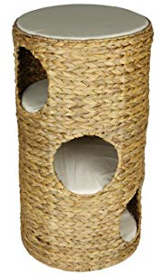 animal-design Abri pour chats en forme de tonneau Env. 70 cm Arbre à chat naturel en jacinthe d'eau Avec 3 niches douillettes pour chat (3 étages) et 1 surface de couchage, 4 coussins doux
