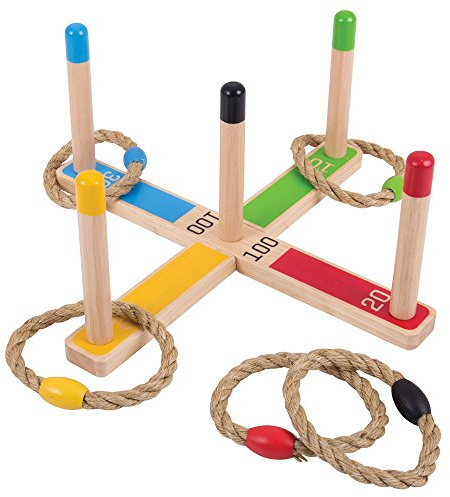 Bigjigs Toys Wooden Quoits - 5 Rope Garden Quoits & Ring Toss Game, Quality Wooden Garden Toys, Family Outdoor Toys & Fun Garden Games for 3 Years +