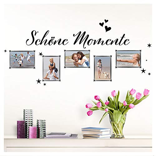 Wandaro Wandsticker Spruch Schöne Momente + 5 Fotorahmen | schwarz 89 x 40 cm | Wandaufkleber Flur Wandspruch Wohnzimmer Wandtattoo Aufkleber W3477