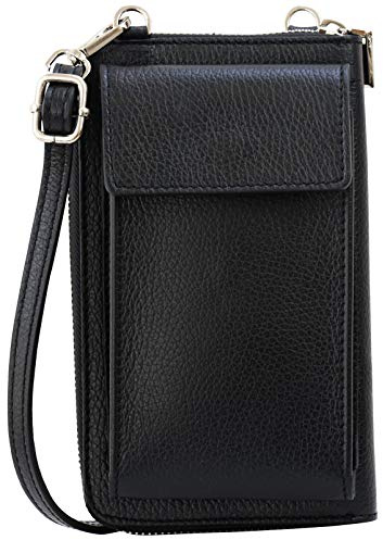 SH Leder Damen Handytasche Umhängetasche Geldbörse Multifunktion Beutel aus Echtleder Verstellbar Schultergurt Handy bis 6,8 Zoll 11,50x19cm Sarah G339 (Schwarz)