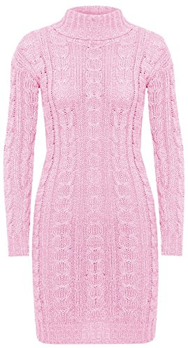 WearAll Women's Polo High Neck Long Sleeve Cable Knitted Jumper Dress Ladies Bodycon Mini - Baby Pink - 12-14