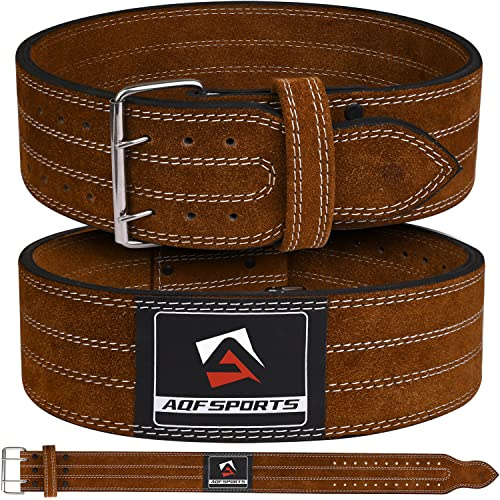 AQF Vikt Lyft Nubuck Läder Kraftlyftning Bälte Tillbaka Stöd - 4 Bred X 10mm Tjock Dubbel Prong Stål Rullspänne Konturerat Träningsbälte Mockafoder (Brun, M)