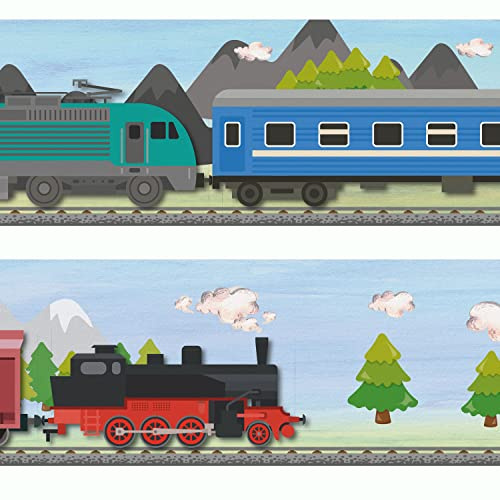 Sunnywall® Wandbordüre Eisenbahn Zug Züge einzigartiges Design | Baby- Kinderzimmer Dekoration | hochwertiges Tapetenvlies | 400 x 12 cm
