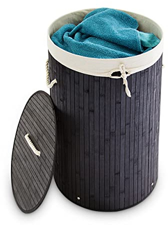 Relaxdays 1 x tvättkorg bambu, vikbar tvättbehållare med lock, volym 70 liter, tvättpåse bomull, rund Ø 41 cm, svart