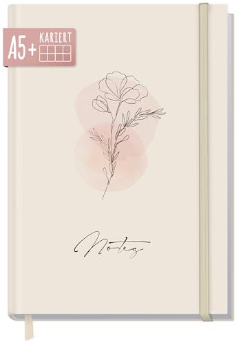 paper&you® Notizbuch A5+ kariert mit Gummiband Dainty Flower 156 Seiten, 78 Blatt, als Journal, Tagebuch, Notizheft - nachhaltig & klimafreundlich
