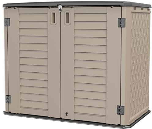 KINYING Outdoor Storage Shed - Horizontal Storage Box Waterproof for Garden, Patios, Backyards, Multi-Opening Door for Easy Storage of Garbage Cans, Tools, Lawn Mower, 26 Cubic Feet,Brown