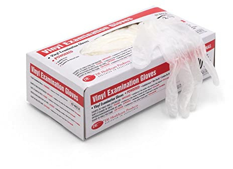DE Healthcare Products – Vinyl-Einmalhandschuhe (100 Stück), leicht gepudert, nicht-texturiert, durchsichtige Handschuhe mit Rollrand, S