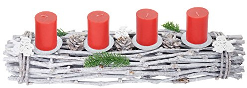 Mendler Adventskranz-AM länglich - mit Kerzen, rot | Weihnachtsdeko, Adventsgesteck, Holz 60x16x9cm, weiß-grau
