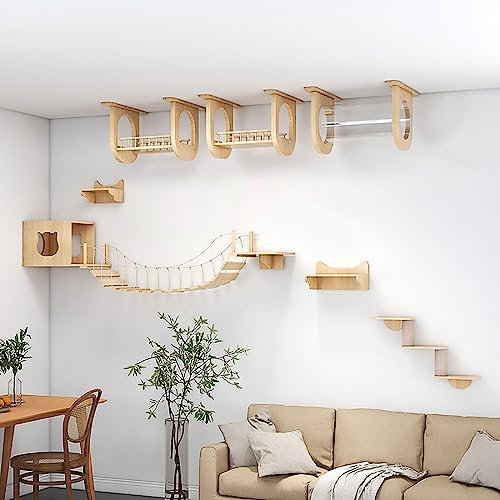 IMIDIA Katzen Kletterwand Set Vollholz, Wandmontierte Katzenparkour, Platzsparend, für Wand-Kletterregal und Sitzstange (Size : Set7)