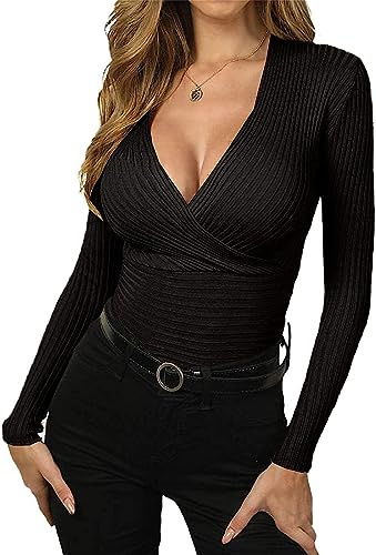 Wenrine Maglione da donna con scollo a V profondo avvolgente a maglia sexy autunnale slim fit top invernale, Nero , S