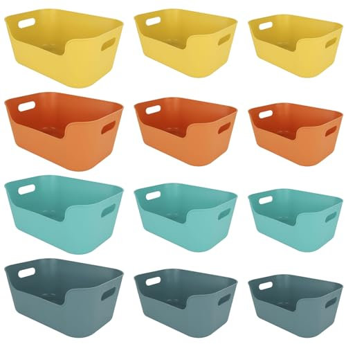 DAJAVE 12 PCS Plastic Storage Basket Multiple Colors Cupboard Storage Boxes 3 Sizes Kitchen Organiser Storage Basket with Handles Storage Box for Cupboard, Bathroom, Home, Office, School