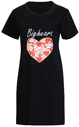 NR TEXTILES Dam nattlinne kortärmad sömn lång sommar sovskjorta rund hals nattkläder skjorta husklänning, Stort hjärttryck/Svart/Ss, Short Sleeve / S(10-12)
