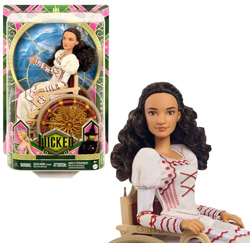 Mattel Wicked Nessaros modedocka och tillbehör, inklusive rullstol, med brunt, lockigt hår, olika positioner möjliga och utdragbar balklänning, HXY36