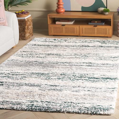 SAFAVIEH Fontana Shag 800 Collection Area Rug - 4' x 6', Ivory & Green, Shag & Flokati Design, Ideal for High Traffic Areas in Living Room, Bedroom & Dining Room (FNT842C-4)