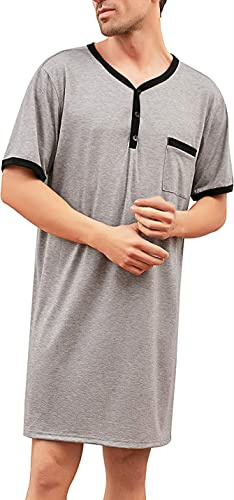 Yukiuiny Camicia da notte da uomo a maniche corte in cotone, lunghezza al ginocchio, per dormire, da indossare a casa, 4X-Large