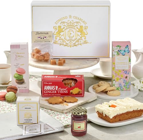 Edmond & Charles Luxury Carrot & Walnut Cake Afternoon Tea Hamper | Premium Gift Box with Teas, Biscuits, Cake, Macarons, Fudge, & Jam | Set of Gourmet Birthday Treats | Hampers Presents for Women