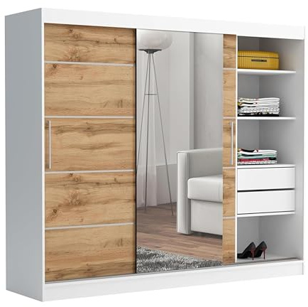 Brent - Kleiderschrank mit Spiegel und Schubladen 235cm Breit Chelsea Tomy, Schwebetürenschrank mit Spiegel, Schlafzimmerschrank, Kleiderschrank Weiß/Wotan Eiche