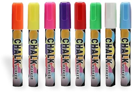 Trimming Shop 8 Pcs Chalk Marker Pens Fine Jumbo Tip – Neon Liquid Wipeable Chalk Pens 8 Vibrant Colours Chalk Board Pens for Blackboards, Glass, Windows, Creative Classrooms & Home Crafts