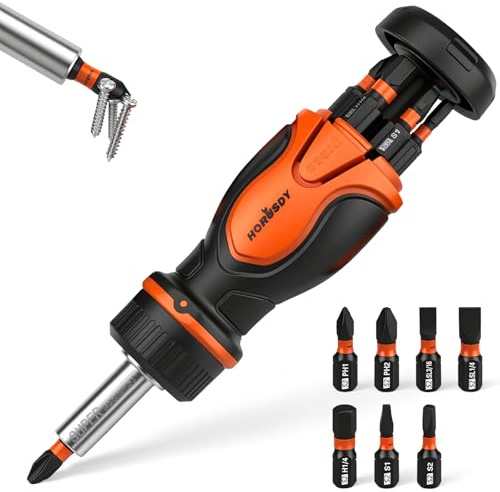 Multi 8-in-1 Magnetic Adjustable Ratchet Screwdriver Set: Mini Short Screwdrivers Set with 7 S2 Steel Bits, All-in-One Design with 6 Bits Housed in Handle