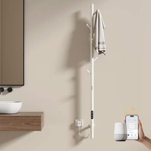 EMKE Handtuchtrockner Elektrisch, Design Elektrischer Handtuchheizkörper mit einer Stange, Intelligenter Einstellbare Temperatur Badheizkörper Handtuchhalter, Handtuchwärmer mit 6 Haken Weiß