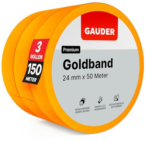 GAUDER Goldband aus Premium Washi Tape für präzise Farbkanten - Rückstandsfreies Malerkrepp, Profi-Kreppband und Abdeckband | Malerband zum Streichen und Lackieren (3 Rollen - 24 mm x 50 m)