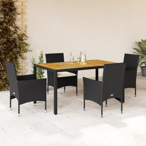 Somanki 5-TLG. Garten-Essgruppe mit Kissen Schwarz Poly Rattan Akazie, Esstisch Mit Stühlen Set, Gartenmöbel Sitzgruppe, Balkon Möbel, Gartenlounge Set, Terrassenmöbel, Balkonmöbel Set - 3278665