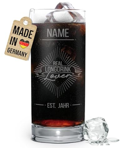 Print Royal PR Graviertes Longdrinkglas personalisiert mit Name und Jahr - Real Longdrink Lover - Geschenk zum Geburtstag, Cocktailglas mit Gravur zu Weihnachten | Lasergravur, 400 ml