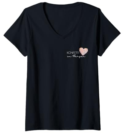 Eine Prise Konfetti Damen T-Shirt mit V-Ausschnitt Schwarz S Medium EU 16.5 Konfetti, Herz, bunt, fröhlich, leichtes, klassisch geschnittenes T-Shirt, doppelt genähte Ärmel und Saumabschluss