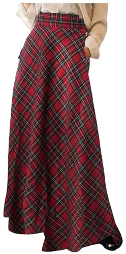 Damen High Waist Maxirock Taschen Langer A-Linie Rock Winter Midi Lang Röck Faltenrock Elegant Frauen Skirt Plaid Warm Maxi Winterrock Karierter Röck Elastische Taille Vintage Party Faltenrock