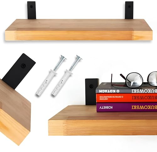 Kapaga – Regalbrett Holz 80x25 cm, Wandregal aus Kiefernholz mit pulverbeschichteter Metallstütze – Regalbrett zur Wandmontage – Hängeregal für Küche, Bad, Wohnzimmer, modern & vielseitig