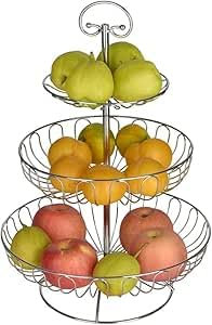 VIOLET LONDON 3 Tier Metal Fruit Basket Countertop Fruit Bread Basket Fruit Bowls (Silver)