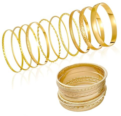 Feegela 10Pcs Goldene Boho Armreifen Set Dame–Stapelbare Vintage Armbänder | Punk Chunky Gold Armreif, Für Hochzeit/Party, Modische Geschenke für Frauen und Mädchen