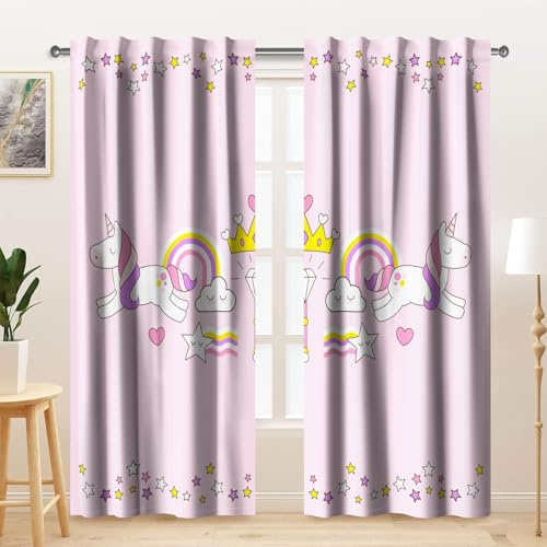Kzzfqxb 107x160cm Kinder vorhänge 2 Paneele, rosa Sterne symmetrische Regenbogenkrone, Wolken Zauberstab Cartoon-Druck, für Mädchen, Kinder, Babyzimmer, Kinderzimmer