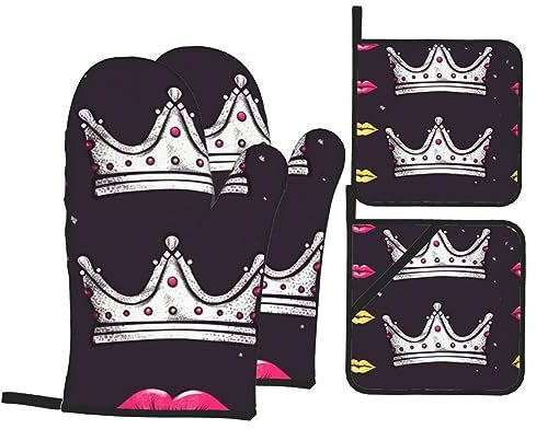 Mitaines De Cuisine Couronne Et Lèvres Professionnel Baking Gloves Anti Chaleur Maniques Cuisine pour Barbecue Grillade Four,4 Pièces
