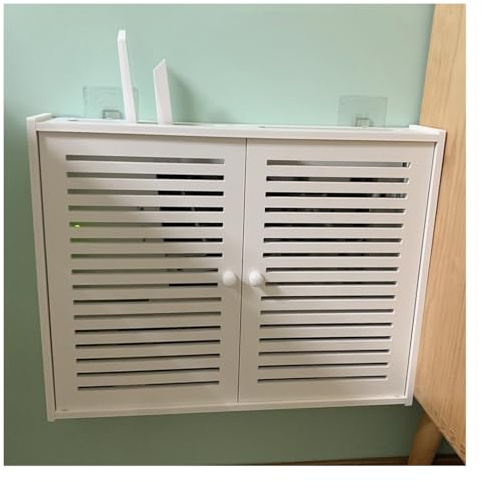Wall-Mounted Router Storage Box With Cable Management - Floating Shelf For WiFi Modem, TV Set-Top Box & Power Strips, White Wooden Organiser Cabinet(A)