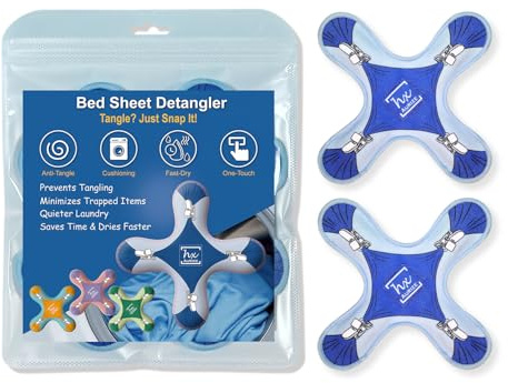 HX AURIZE Bettlaken-Entwirrer Clips, 2er Set, Medium Blau | Für Bettlaken & Bezüge, Soft-Cover Clips, leiser Lauf, hilft gegen Wäscheknäuel in Waschmaschine & Trockner