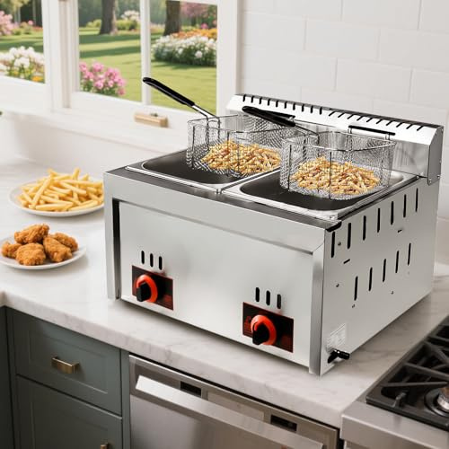 Professionelle Gasfritteuse, 20L Gewerbliche Doppeltank Friteuse Edelstahl Fritteuse mit Hoher Kapazität, Gas Küchenbratmaschine mit Pommeskorb für Restaurant, Heimküche, Snackbar